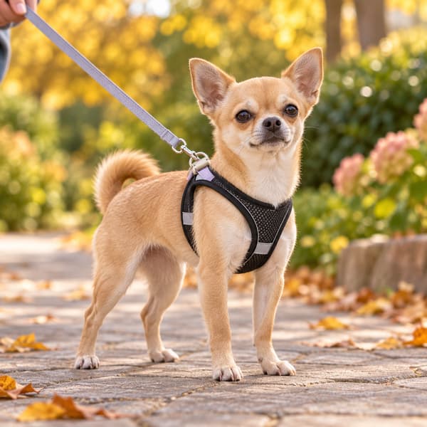 Tan Chihuahua wearing a black reflective mesh dog harness with its matching grey leash on an autumn walk.
