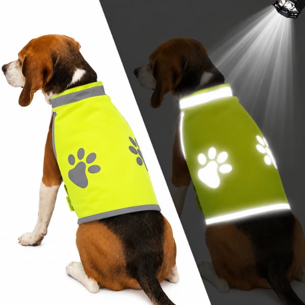 Split comparison showing a beagle wearing a reflective dog safety vest in daylight and at night, demonstrating high visibility reflective trim for safer evening walks and low-light outdoor adventures.