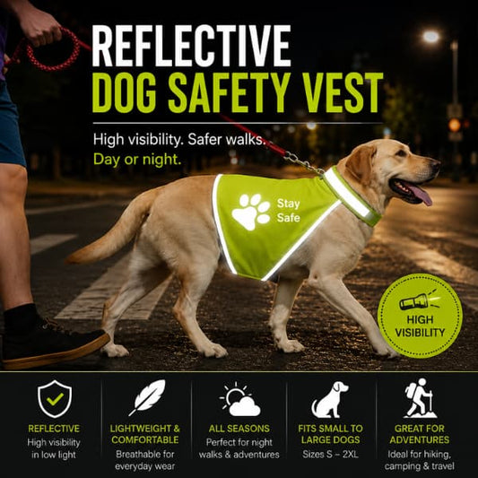 Labrador wearing a high visibility reflective dog safety vest during a nighttime walk, demonstrating improved visibility for evening walks, roadside safety and outdoor adventures.