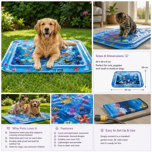 Sensory water play mat feature guide showing size, setup, cooling benefits and interactive play for dogs and cats