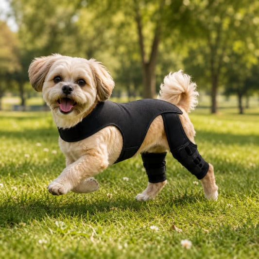 Small dog wearing an adjustable hip and rear leg brace while playing happily in a park
