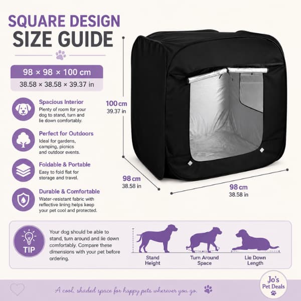 Square portable pet shade tent size guide showing dimensions, spacious interior, foldable design and recommended fit for dogs during outdoor summer adventures.