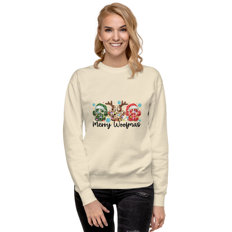 Merry Woofmas Christmas sweatshirt for dog lovers with festive paw print design and cozy fleece fabric.