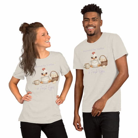 Couple wearing Powered by Coffee and Fresh Eggs chicken lover t-shirt in heather dust colour