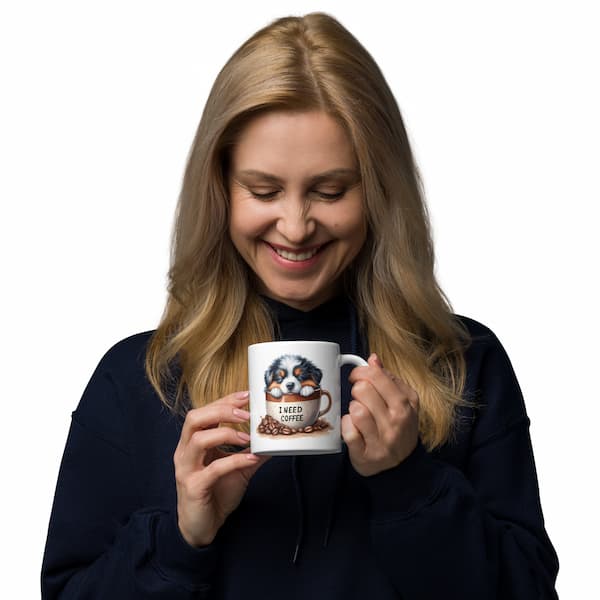 Dog lover ceramic mug with sleeping Australian Shepherd puppy and “I Need Coffee” design – perfect coffee cup gift for pet parents