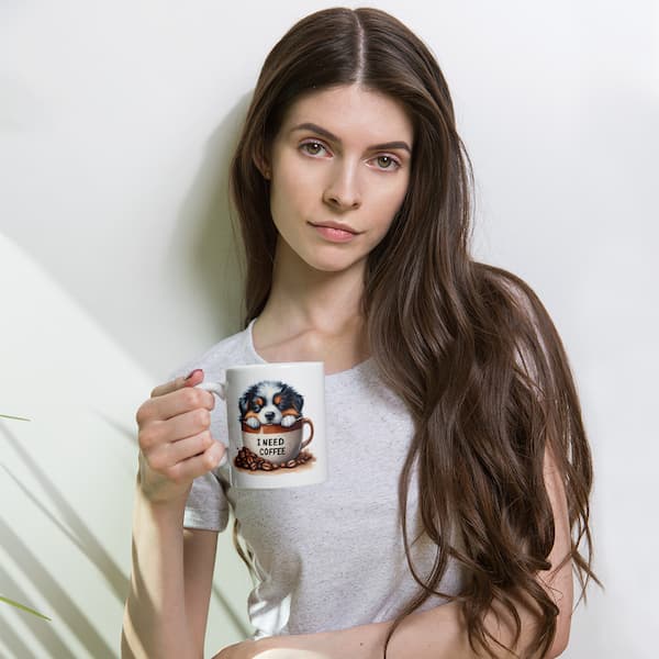 Dog lover ceramic mug with sleeping Australian Shepherd puppy and “I Need Coffee” design – perfect coffee cup gift for pet parents