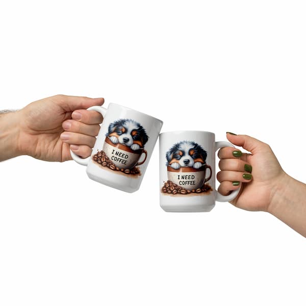 Dog lover ceramic mug with sleeping Australian Shepherd puppy and “I Need Coffee” design – perfect coffee cup gift for pet parents