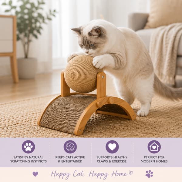 Indoor cat playing with a 2-in-1 wooden cat scratching ball and sisal scratching board in a modern home, encouraging healthy scratching, interactive play, exercise and mental enrichment.