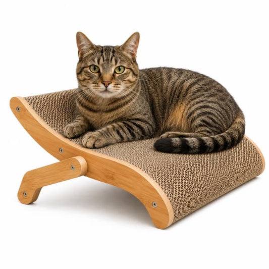 Indoor tabby cat relaxing on a 3-in-1 wooden cat scratching bed and lounge with a curved cardboard scratching surface, designed for healthy scratching, stretching and comfortable lounging.
