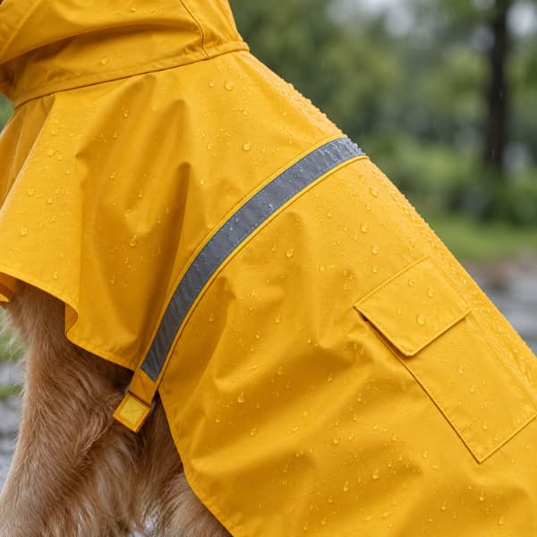 Close-up of a yellow dog raincoat showing water droplets, stitching, a grey reflective strip and a closed flap pocket.