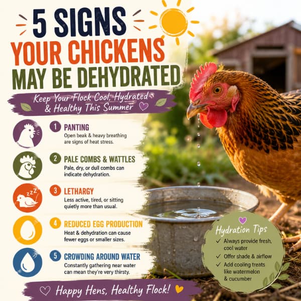Infographic showing five signs of dehydration in backyard chickens including panting, pale combs, lethargy, reduced egg production, and crowding around water during hot summer weather