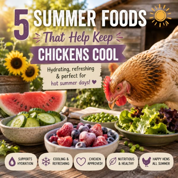 Summer chicken care infographic showing cooling foods like watermelon, cucumber, berries, peas, and leafy greens to help keep backyard chickens cool and healthy