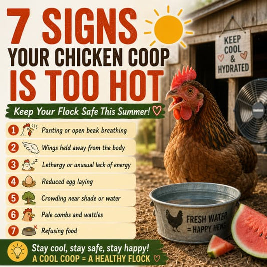 Chicken coop overheating warning signs infographic showing how to keep backyard chickens cool, safe, and healthy during hot summer weather