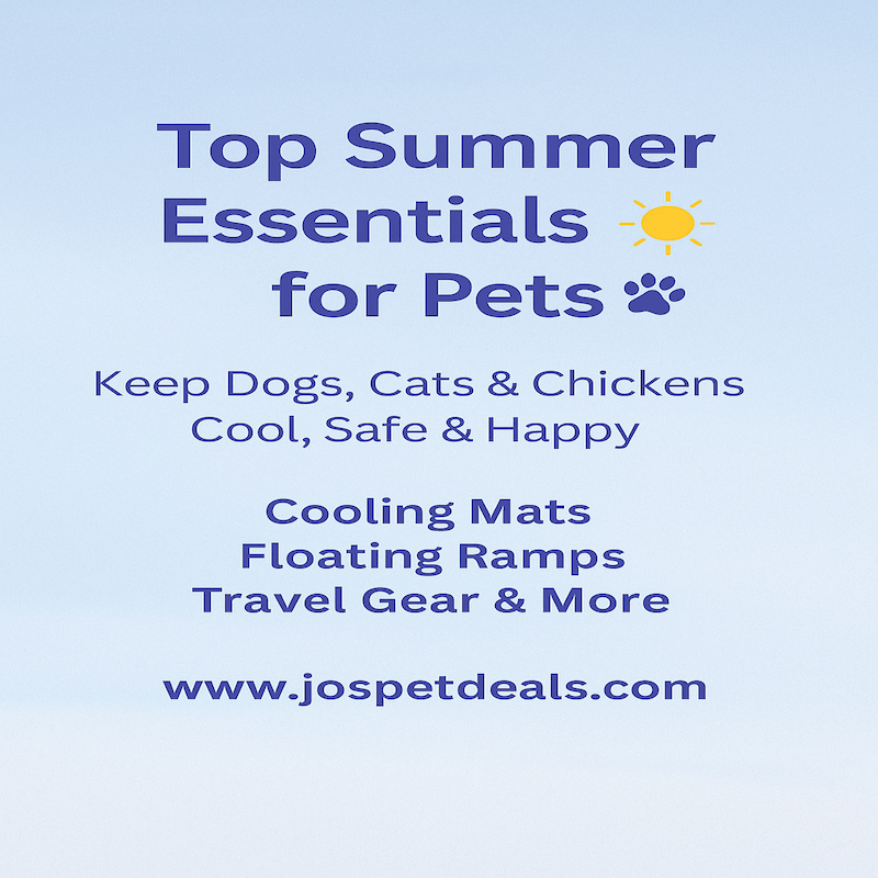 Promotional image for Top Summer Essentials for Pets. Text highlights cooling mats, floating ramps, travel gear for dogs, cats, and chickens. www.jospetdeals.com. Designed to promote pet summer products and safety tips.