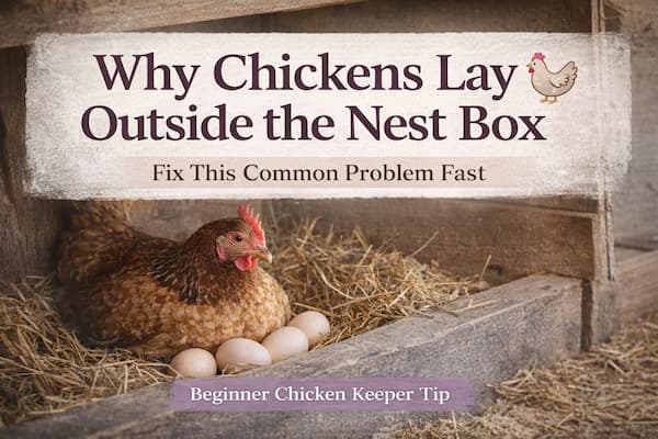 chicken laying eggs in nest box with straw bedding showing how to fix chickens laying outside nesting area