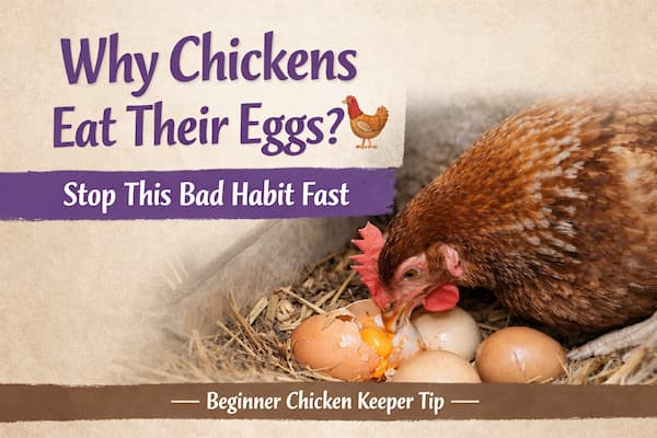 chicken pecking and eating eggs in nest box showing common egg eating problem in chickens
