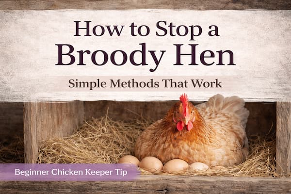 broody hen sitting on eggs in nest box showing how to stop broodiness in chickens