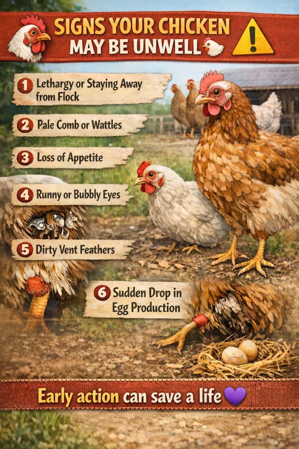 Signs your chicken may be unwell infographic showing common chicken health warning signs including lethargy, pale comb, loss of appetite, runny eyes and sudden drop in egg production