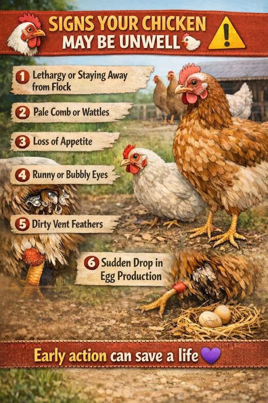 Signs your chicken may be unwell infographic showing common chicken health warning signs including lethargy, pale comb, loss of appetite, runny eyes and sudden drop in egg production