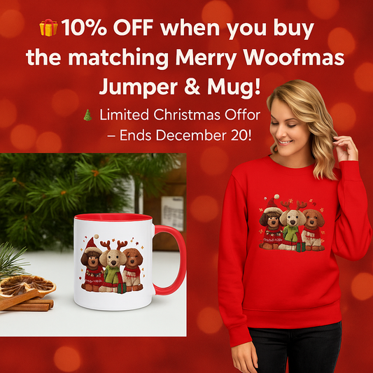 Festive image showing a red “Merry Woofmas” jumper and matching mug side by side on a cozy Christmas background with pine branches and snowflakes, promoting matching and personalised pet lover gifts from Jo’s Pet Deals.