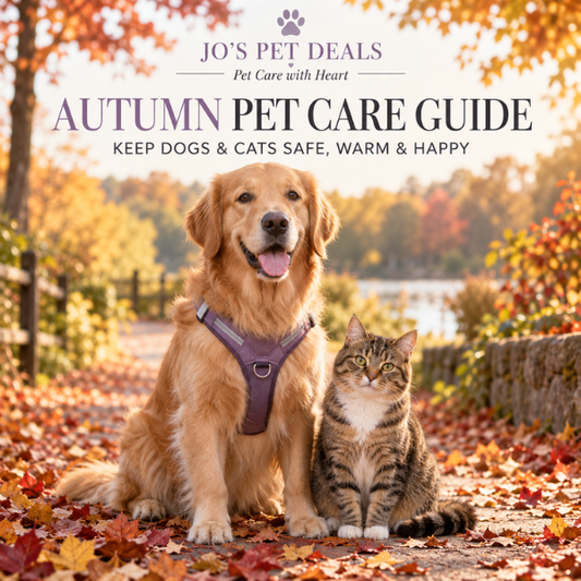 Golden retriever and tabby cat together on an autumn path for an autumn pet care guide