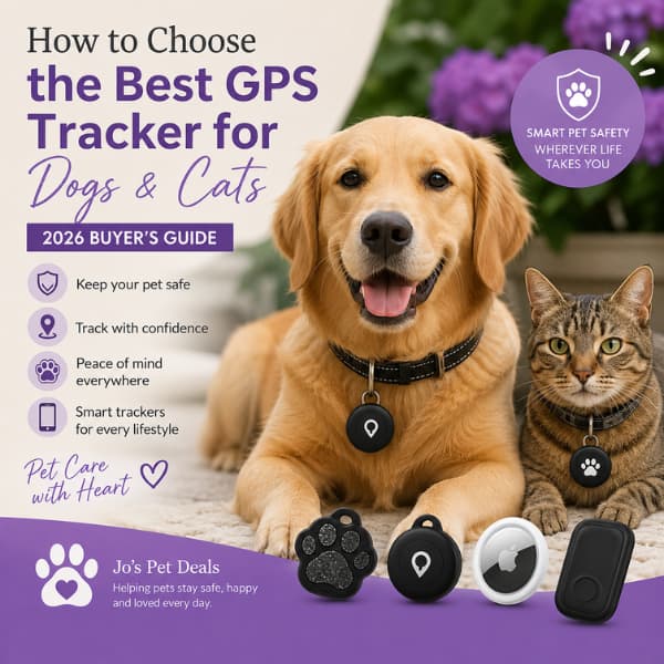 Best GPS tracker buying guide showing a dog and cat wearing smart pet trackers to help owners choose the right GPS or Bluetooth tracker for pet safety.