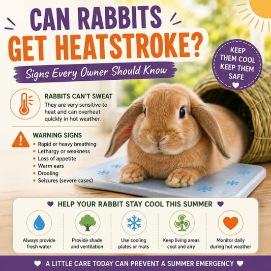 Rabbit resting on a cooling plate with summer heatstroke prevention tips and warning signs for rabbit owners