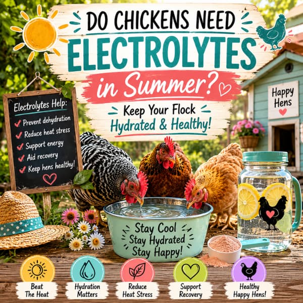 Backyard chickens drinking fresh water during summer heat with educational text about electrolytes, hydration, shade, and healthy hens in hot weather.
