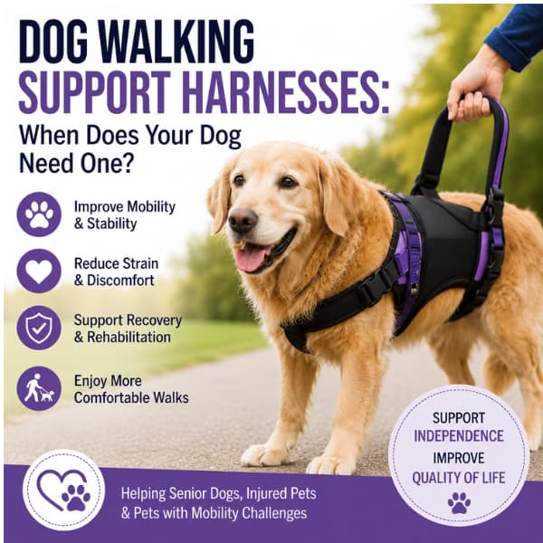 Senior Golden Retriever wearing a dog walking support harness to improve mobility, stability and comfort during rehabilitation and everyday walks.
