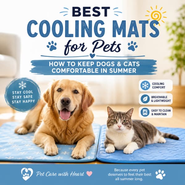 Dog and cat relaxing on cooling mats indoors during summer to stay cool, comfortable and safe in hot weather