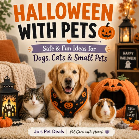 Dog, cat and guinea pig with pumpkins for a Halloween pet safety and fun ideas guide