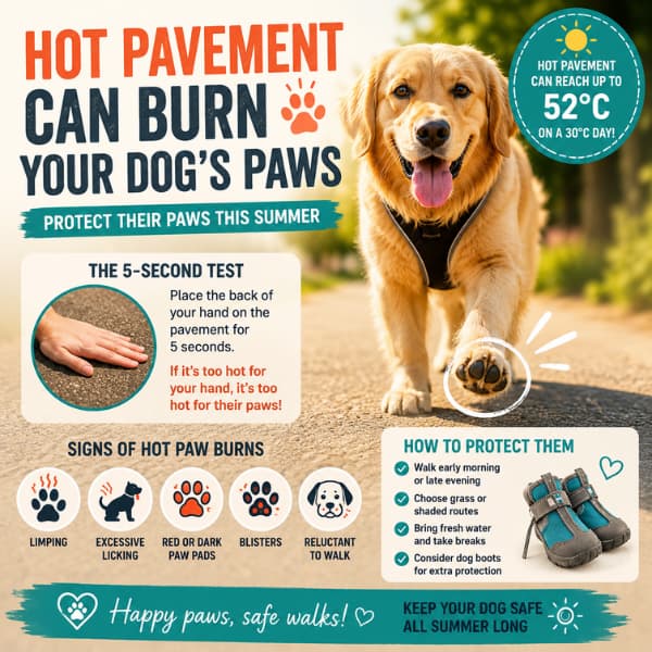 Golden Retriever walking on a hot pavement with summer paw safety tips showing the 5-second test, signs of paw burns, and ways to protect dogs during hot weather.