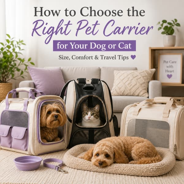 Dog and cat with different pet carrier styles for choosing the right size, comfort and travel option.