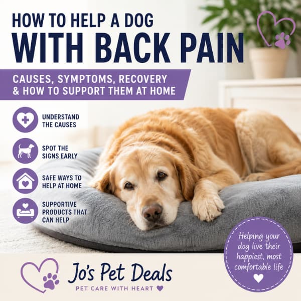 Golden Retriever resting comfortably on an orthopedic dog bed with guide about how to help a dog with back pain at home, including signs, recovery tips and supportive care.