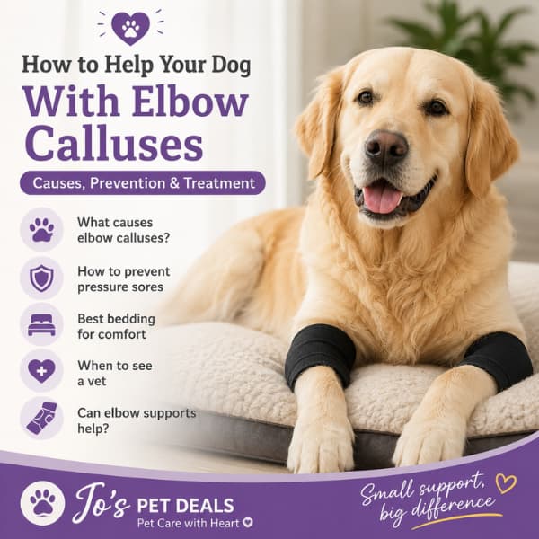 Golden Retriever wearing protective dog elbow supports while resting on an orthopedic bed, illustrating how to help prevent elbow calluses and pressure sores in dogs.