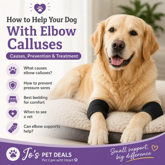 Golden Retriever wearing protective dog elbow supports while resting on an orthopedic bed, illustrating how to help prevent elbow calluses and pressure sores in dogs.