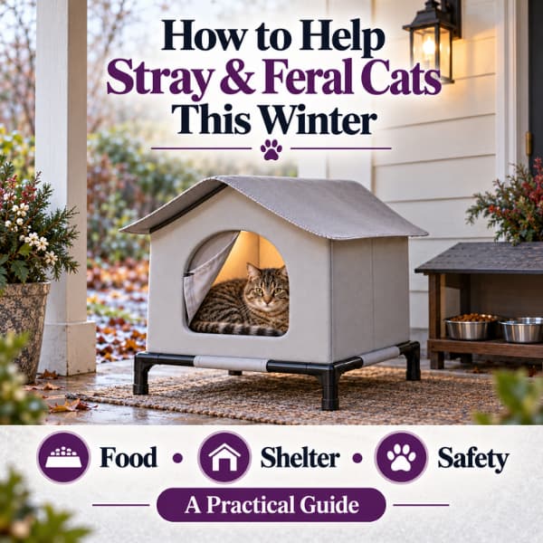 Stray tabby cat in a raised outdoor shelter beside a covered feeding station during winter