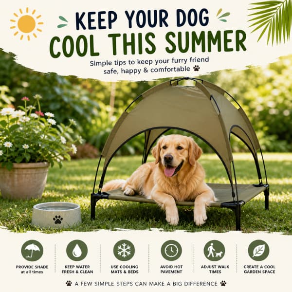 dog relaxing in shaded garden staying cool during summer heat