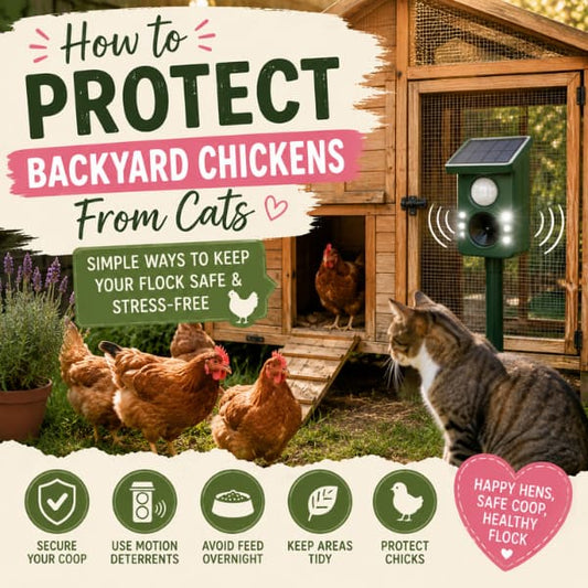 Backyard chickens near a secure chicken coop with a solar powered motion deterrent helping protect hens from cats and unwanted animals.