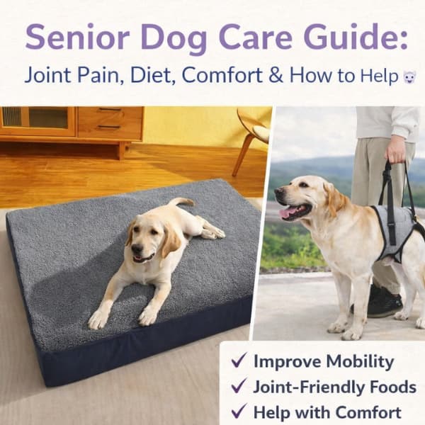 senior dog resting on orthopedic bed and walking with support harness for joint pain and mobility care