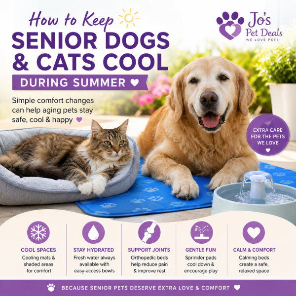 Senior dog and senior cat relaxing comfortably during warm summer weather