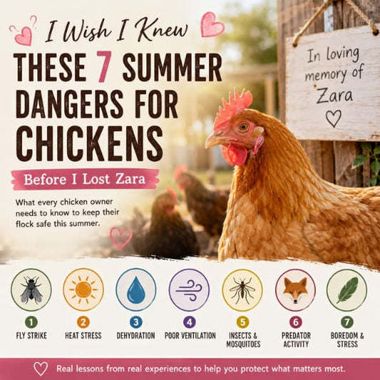 7 summer dangers for chickens including fly strike, heat stress, dehydration, poor ventilation, insects, predators and boredom – inspired by Zara's story