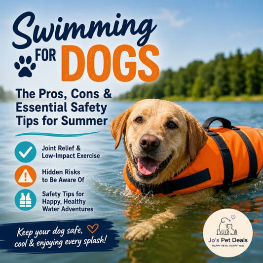 Labrador swimming safely in water wearing a dog life jacket during summer