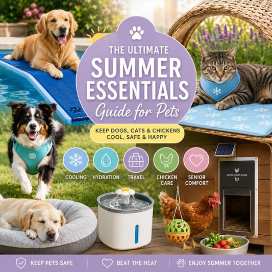 Top Summer Essentials for Pets including cooling mats, dog water fountain, floating dog ramp, comfortable dog bed, travel gear and automatic chicken coop door to help keep dogs, cats and chickens cool, safe and happy during summer.