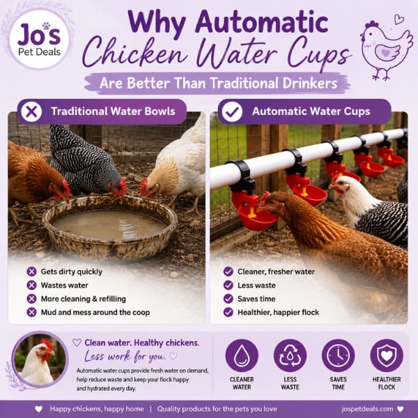 Comparison of automatic chicken water cups and traditional water bowls showing cleaner water, less waste and healthier backyard chickens