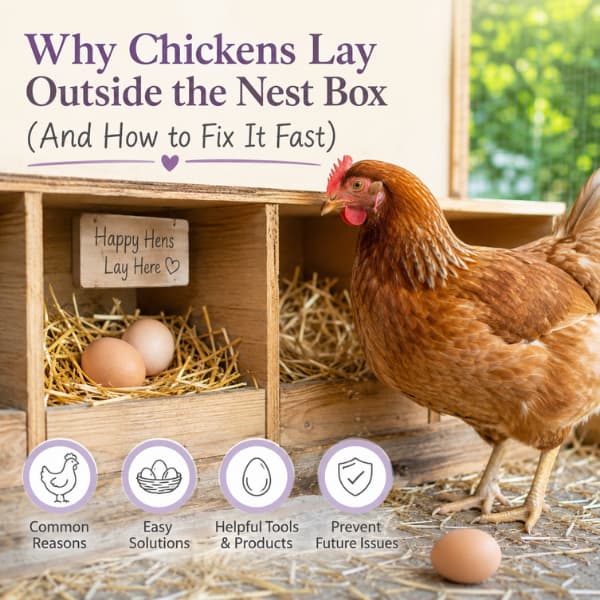Hen beside nesting boxes showing why chickens lay eggs outside the nest box and how to fix it