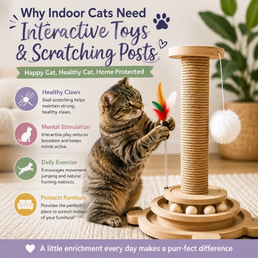 Tabby cat playing with a wooden interactive cat toy and sisal scratching post, illustrating the benefits of indoor cat enrichment, healthy scratching, daily exercise and mental stimulation.