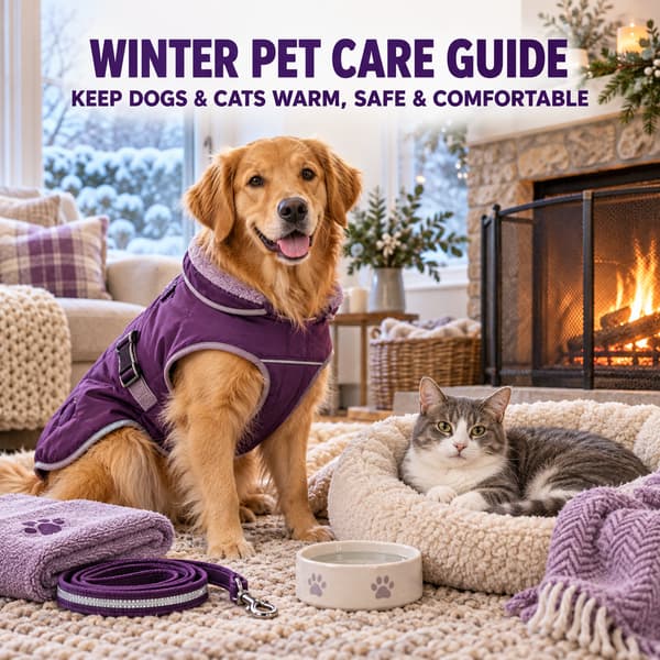 Dog in a warm winter coat and cat in a cosy bed for the Winter Pet Care Guide