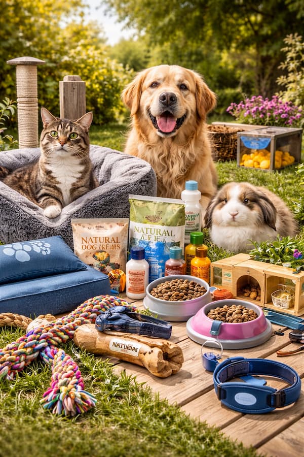 pet supplies collection dogs cats rabbits toys beds collars treats outdoor lifestyle pet products display