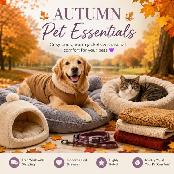 Autumn Pet Essentials collection featuring a happy dog in a warm jacket and a cosy cat bed surrounded by autumn leaves, showcasing seasonal comfort products for pets.